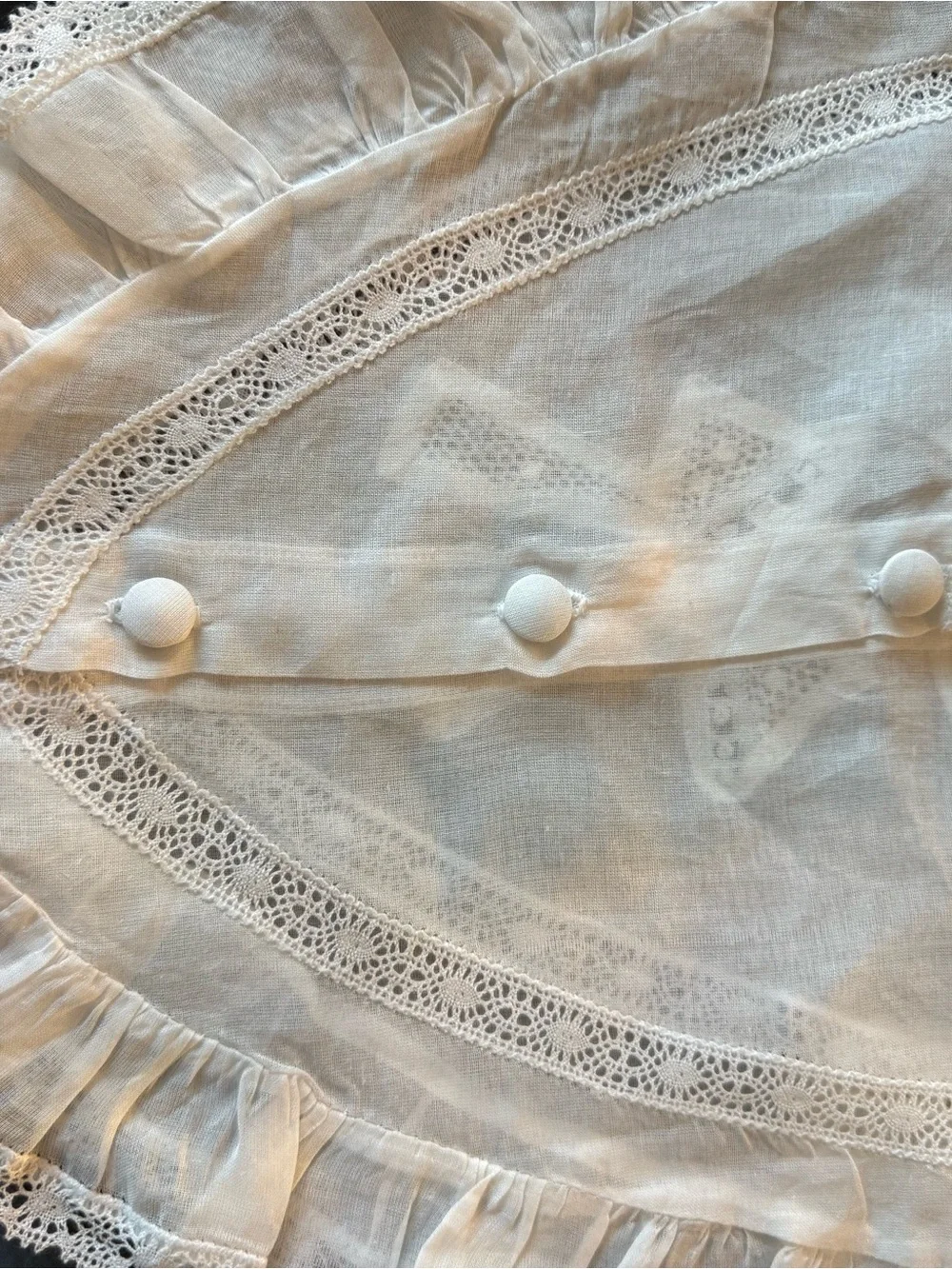 Vintage Lace Baby Bib or Dress Collar with Crochet Bow Hand Covered Buttons. New